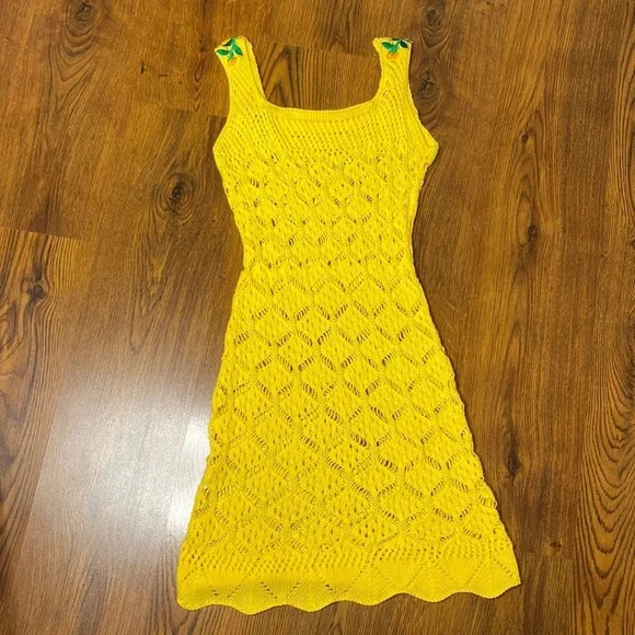 🌷 Crochet Knit Floral Embroidery Dress 🌷 Vibrant Yellow - Picture 9 of 14